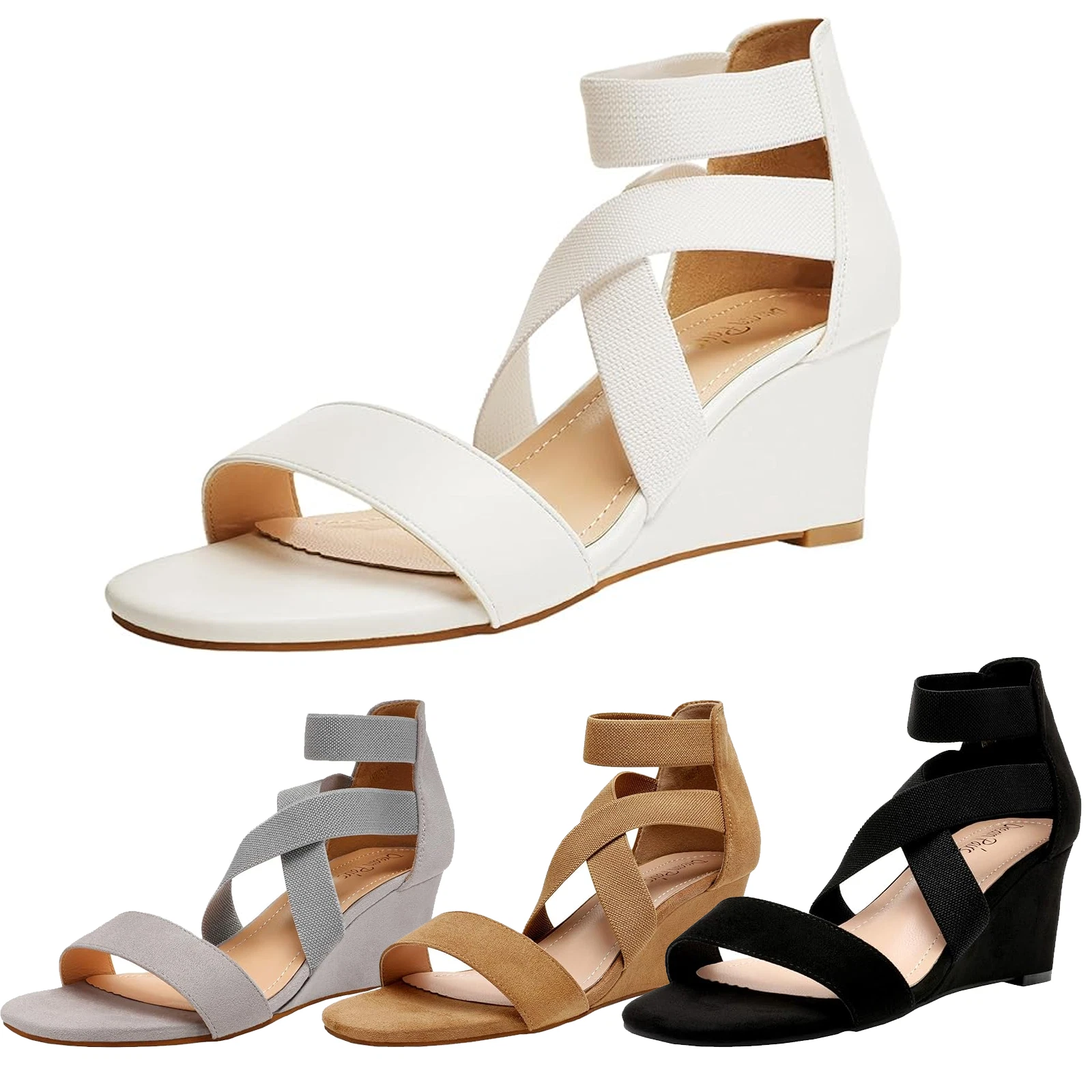 Women Summer Wedge Sandals Elastic Ankle Strap Open Toe Low Wedge Casual Sandals