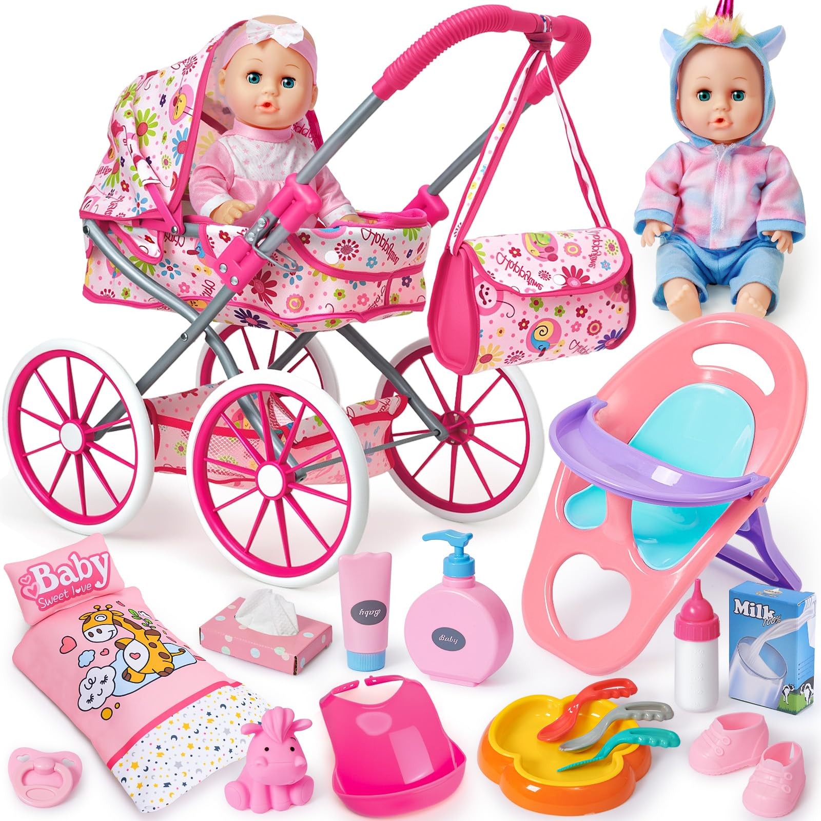 Golray 12 in Baby Doll Toys Set with Stroller for 3 4 5 10x5.5x13.4 in, Pink 