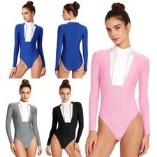 Women Leotard Buttoned Crotch Shirt Training Bodysuit Form Fitting Top Riding