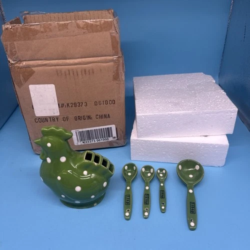 Temptations Green White Polka Dots Rooster Measuring Spoons Holder & 4 Spoons