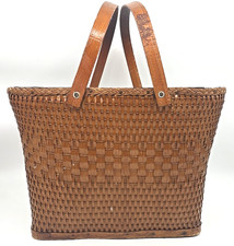 Vtg Woven Basket Double Wooden Handles 11" Tall 13" Wide 10" Deep Prim Country