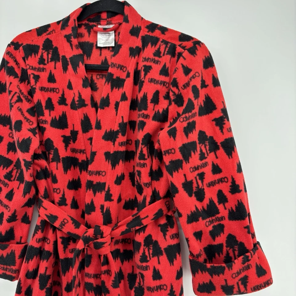 Roupão de banho Calvin Klein masculino vermelho preto árvores lã com cinto grande 10-12 - Imagem 3 de 4