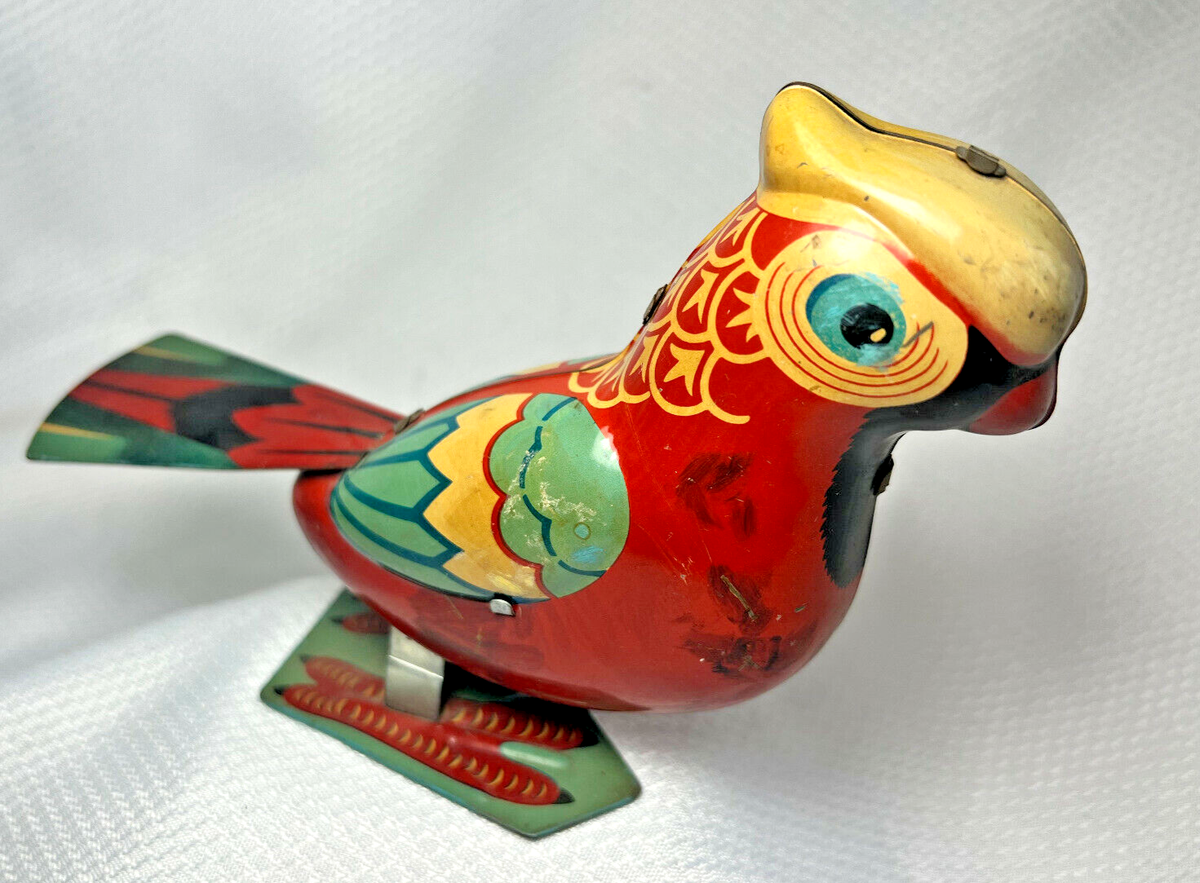 Wind Up Vtg Tin Litho Toys Pecking Parakeet Playful Seal Key With