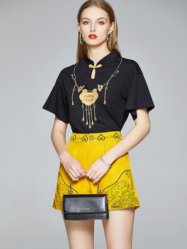 completo donna tailleur pantaloni corti top maglia camicia nero giallo 3214  | eBay
