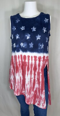 CHAPS Women's 1X Plus Slit Side Tie Dye American Flag Stars Stripes Knit Blouse