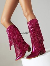 Womens Pointed Toe MID Block Heel Mid Calf Sequin Tassels Shiny Boots Shoes Hot