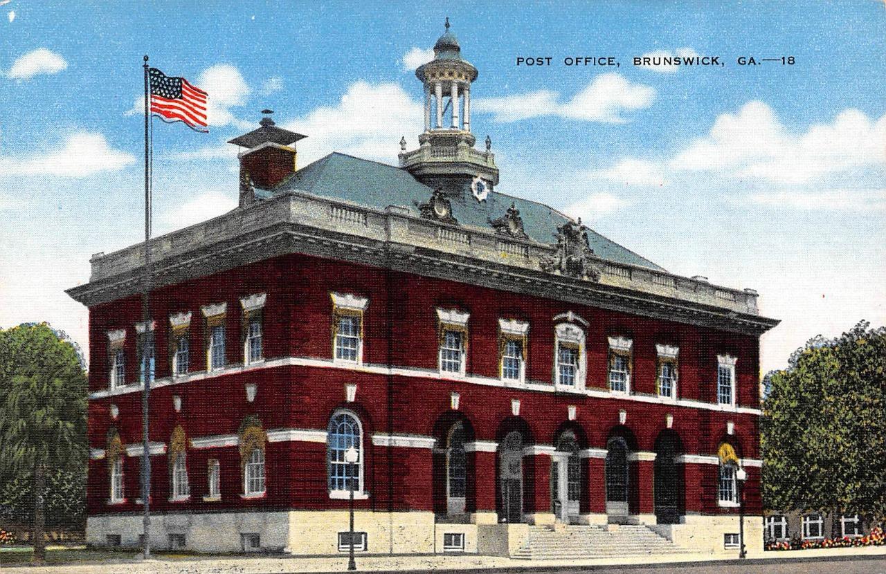 BRUNSWICK, GA POST OFFICE Glynn County c1940's Linen Postcard