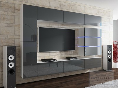 Wohnwand Shine Grau Weiss Hochglanz Led Beleuchtung Mediawand Mirage Ebay