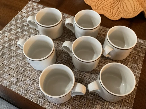 Set of 7 Dansk BISTRO Christianshavn Brown Stripe 2.75" Coffee Tea Flat Cup Mugs