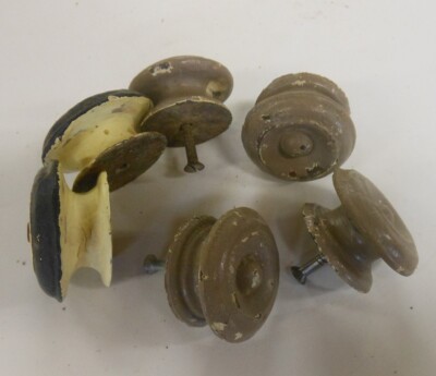 6 - 2'' Antique Walnut, lathe turned Wood Knobs. Painted. Original. Vintage. GC