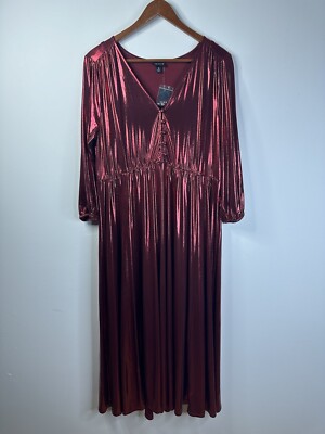 Torrid Red Liquid Knit Tea Length Dress 3/4 Sleeve V-neck Shiny Size 0