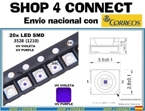 20 LED SMD VIOLETA UV PURPLE  3528 / 1210 SMT CAR automocion ARDUINO 3.5 x 2.8 - Imagen 1 de 2