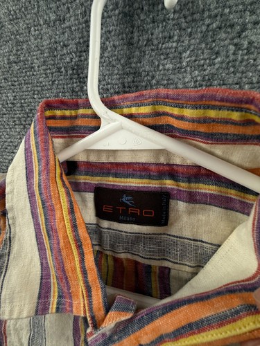 Etro Milano Italy Langarm Hemd Leinen gestreift bunt Knopfleiste Logo XL - Bild 17 von 24