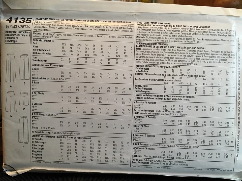 Pattern Simplicity 4135, Threads boot pants, gaucho, city, wide leg pant 6-14 - Image 2 of 2