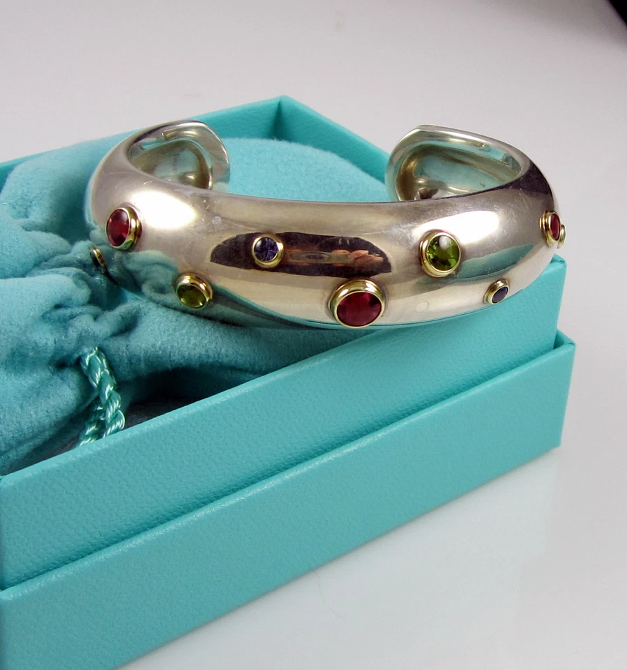 Tiffany & Co Silver 18K Gold Tourmaline Peridot Etoile Sapphire Cuff Bracelet - Image 3 of 4