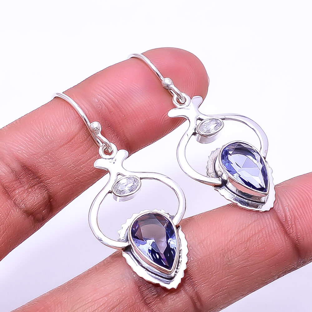 Iolite & White Topaz Designer Handmade 925 Sterling Silver Earring 1.72