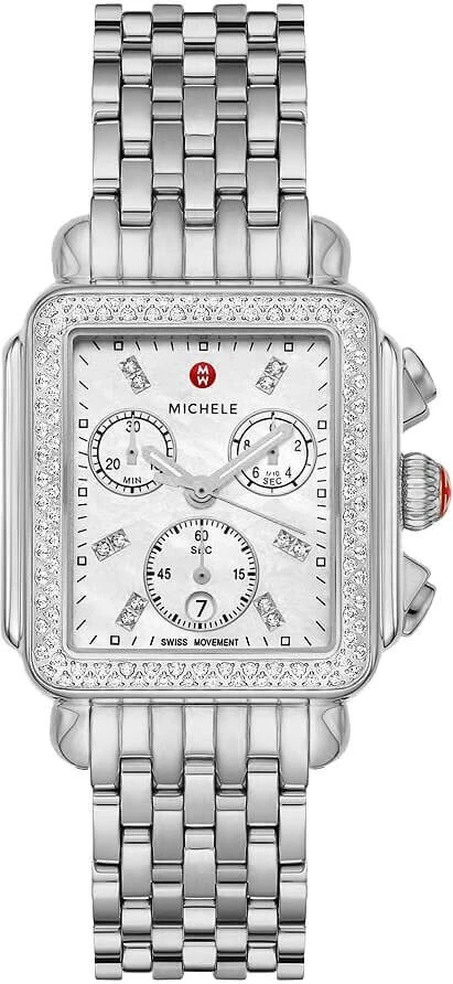 Michele Deco White MOP Dial Diamond Bezel Chronograph Date Ladies Dress Watch
