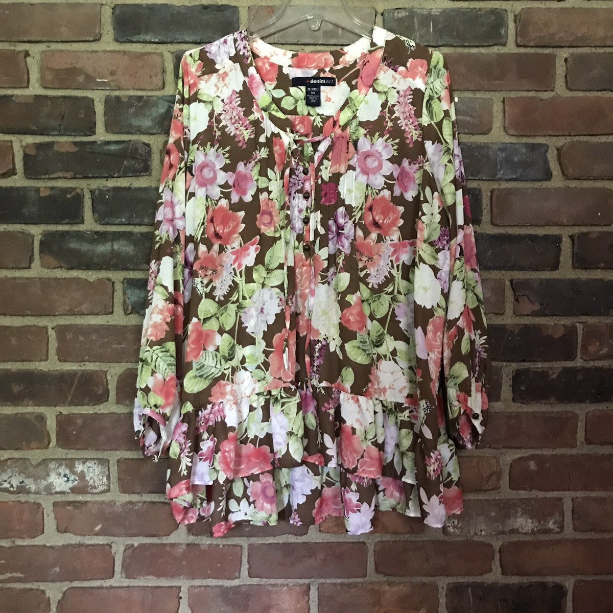 Denim 24/7 | Light Pink Floral Top Tie Neck 16W (26-31” Long