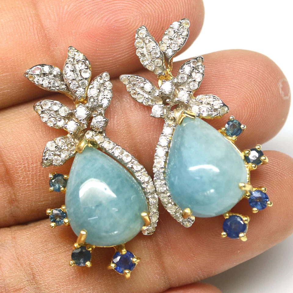 Gemstone 12 x 17 mm. Aqua Blue Aquamarine, Sapphire & Zircon Earrings 925 Silver - Image 2 of 4