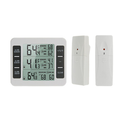 Wireless Digital Refrigerator Thermometer Indoor Outdoor 2 Sensor Alarm