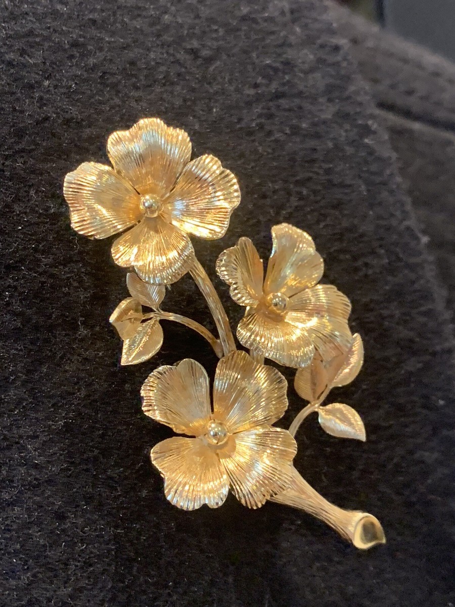 Tiffany & Co 14K Gold Triple Dogwood Flower Pin Brooch 12.8