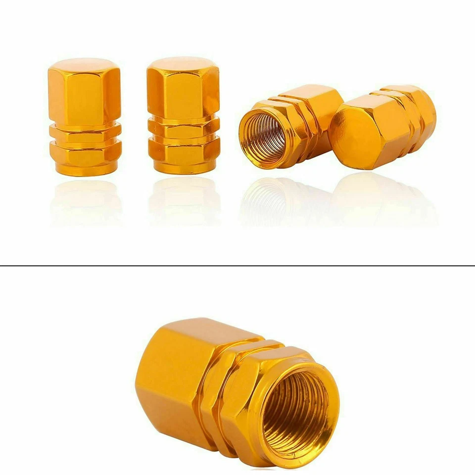 4 PIEZAS LLANTAS/NEUMÁTICOS/LLANTAS DE ALUMINIO HEXAGONALES CUBIERTA DE PUERTO DE AIRE VÁLVULA TAPAS DE VÁSTAGO DORADO Foto 2 de 4