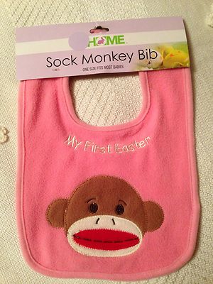 NWT Sock Monkey Baby Infant Bib ''My First Easter'' Pink by Dan Dee