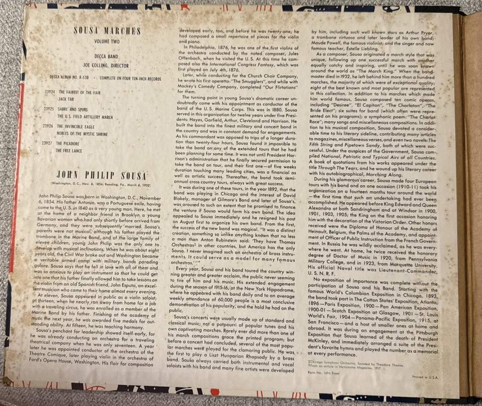 Joe Colling Director - Decca Band - Sousa Marches 4-78 RPM Decca A538 Volume 2 Foto 2 de 4