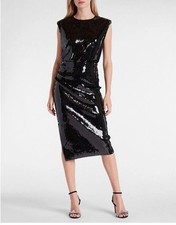 Express Women’s M Black Sequin Midi Dress Sleeveless Sheath Cocktail Party NWT