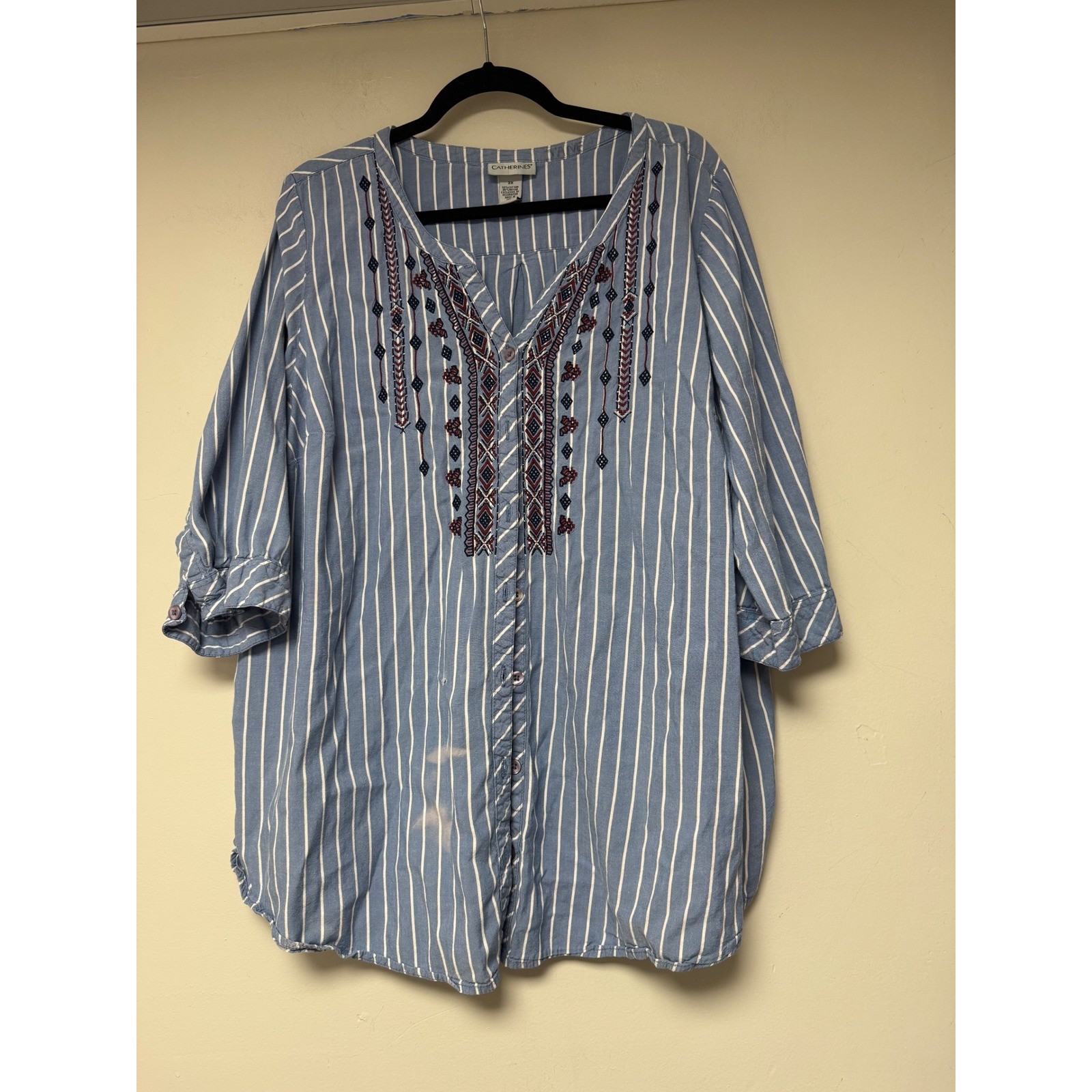 Catherines Plus Size Blue White Stripe Embroidered Tunic Top 2X Roll Tab Sleeve