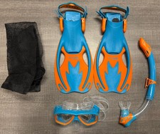 Kids Cressi Snorkel Set Mask, Snorkel, Fins, Net Bag - Orange/Blue - Size S/M