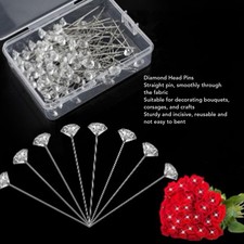 100 Pcs Bouquet Pin 10x64mm Transparent Rhinestone Straight Pins for Wedding