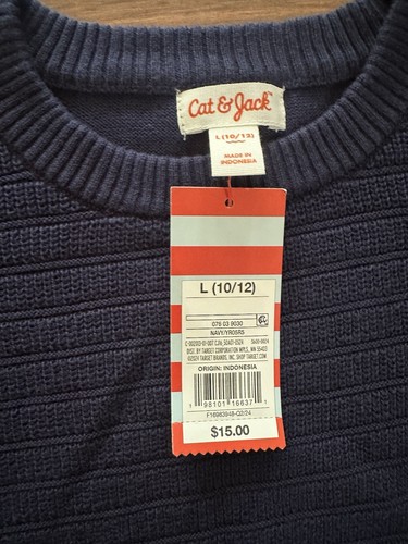 Cat & Jack Crew Neck Sweater Boys Large 10/12 Navy Blue Pullover NWT - Picture 2 of 6