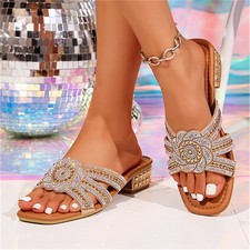 Women's Casual Summer Rhinestone Slippers Square Toe Outdoor Leisure Slide Shoes