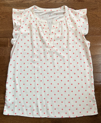Loft EUC flutter sleeve top polka dot ivory & pink mixed media rayon & knit sz L