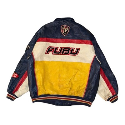 【スペシャル】FUBU 90s フルレザー レーシング スタジャン 4XL Vintage FUBU Leather Jacket Mens XL Navy 90s Racing Patchwork Hip