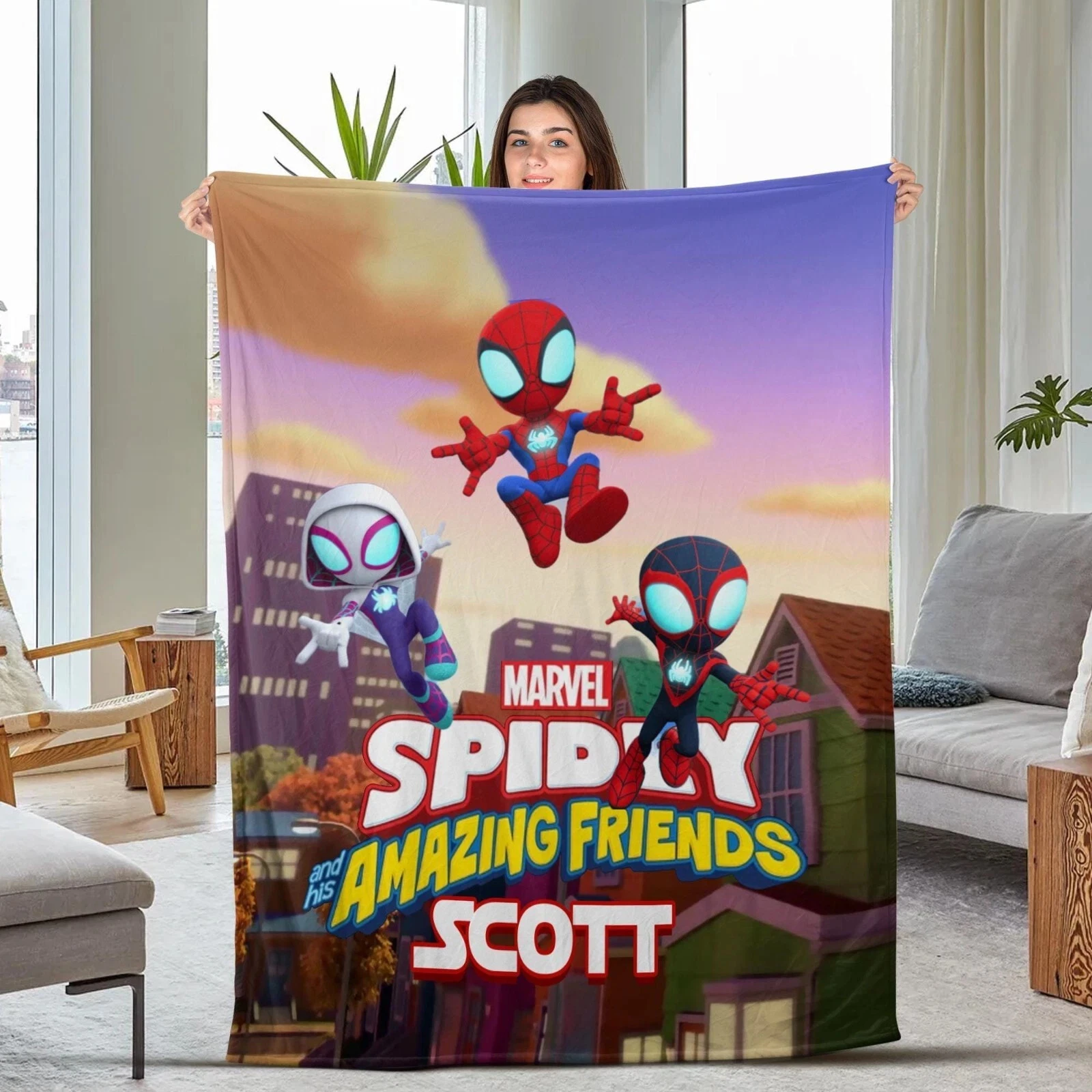 Customized Spider-Man Into The Spider Fleece Blanket, Spidey And His Friends