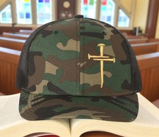 Jesus Christ Christian Nail Cross Green Camo Hat with Beige Cross Armor of God C
