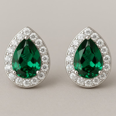 Lab Grown Emerald Pear Gemstone 925 Sterling Silver Designer Women Stud Earrings
