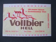 VEB Brauerei Eisenach Getränkekombinat Erfurt Vollbier altes Bieretikett DDR