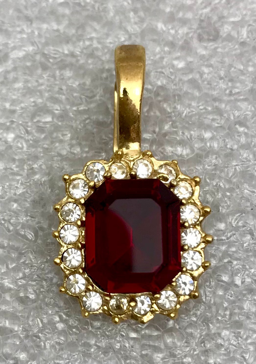 Gold Tone, Emerald Cut Ruby, Rhinestone Pendant, … - image 1