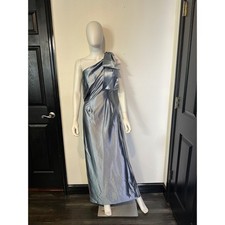 Metallic Satin One Shoulder Bow Evening Gown Steel Blue Formal Maxi Dress