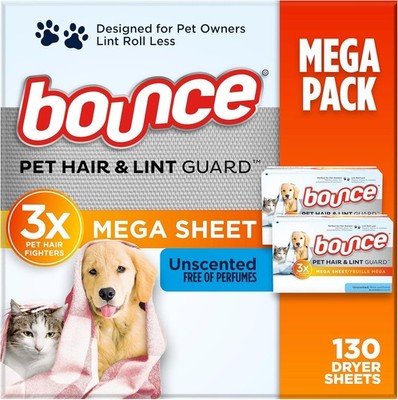 Bounce Pet Hair and Lint Guard Mega Dryer Sheets with 3X Pet Hair Fighters, Unsc