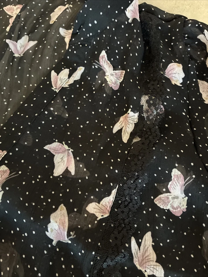 Blusa de Colección Y2K Kirra M Negra Rosa Mariposa Lunares Encaje Borde Transparente Hada Boho Foto 4 de 4