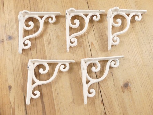 5 Cast Iron Brackets White Shelf Wall Braces *CHIPS IN PAINT* Rustic 4"x4"