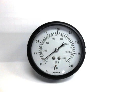 MARSH GAUGE 3 5/8" FACE, 1 1/4" THICKNESS, PSI RANGE 0-200
