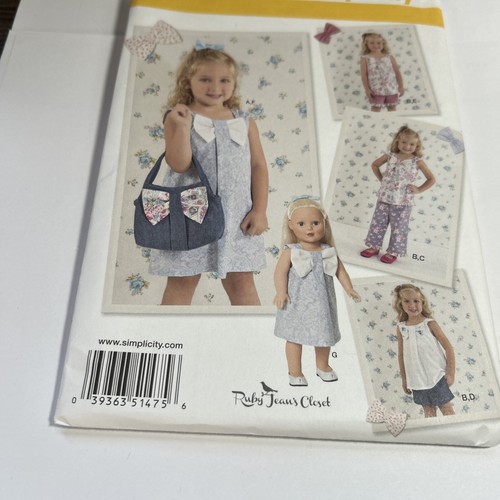 NEW Simplicity Pattern 1475 Girls' sz 3-8 Dress*Top*Pants w Dress for 18" Doll - Picture 4 of 8