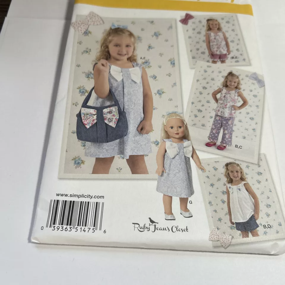 NEW Simplicity Pattern 1475 Girls' sz 3-8 Dress*Top*Pants w Dress for 18" Doll - Image 4 of 4