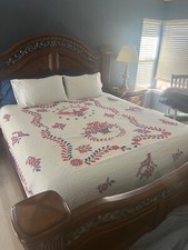 Patriotic vintage hand stitched and hand embroidered quilt queen size