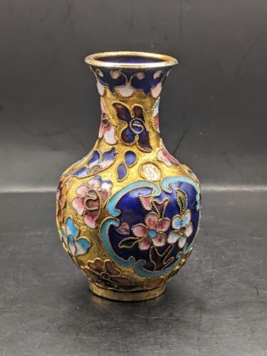 Chinese Vintage Mini Cloisonne Vase Bronze Brass Copper Enamel  Flowers - Picture 1 of 17